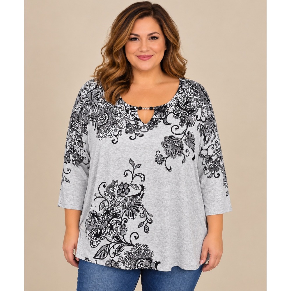 Alfred Dunner Top Women 1X Grey Black Floral Lace Print Beaded 3/4 Sleeve Cotton